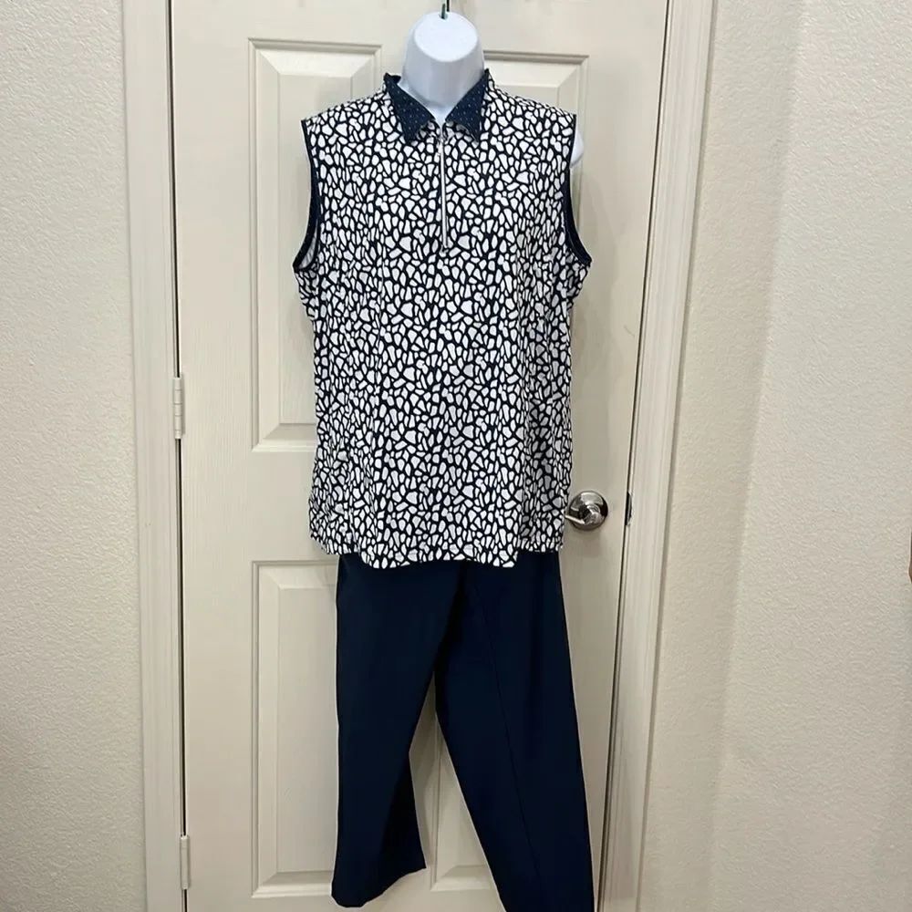 Lady Hagan Golf Top Slacks Matching Set Womens XLarge Sleeveless Navy Blue White